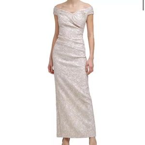 Brand New Calvin Klein Off the Shoulder Champagne Gown